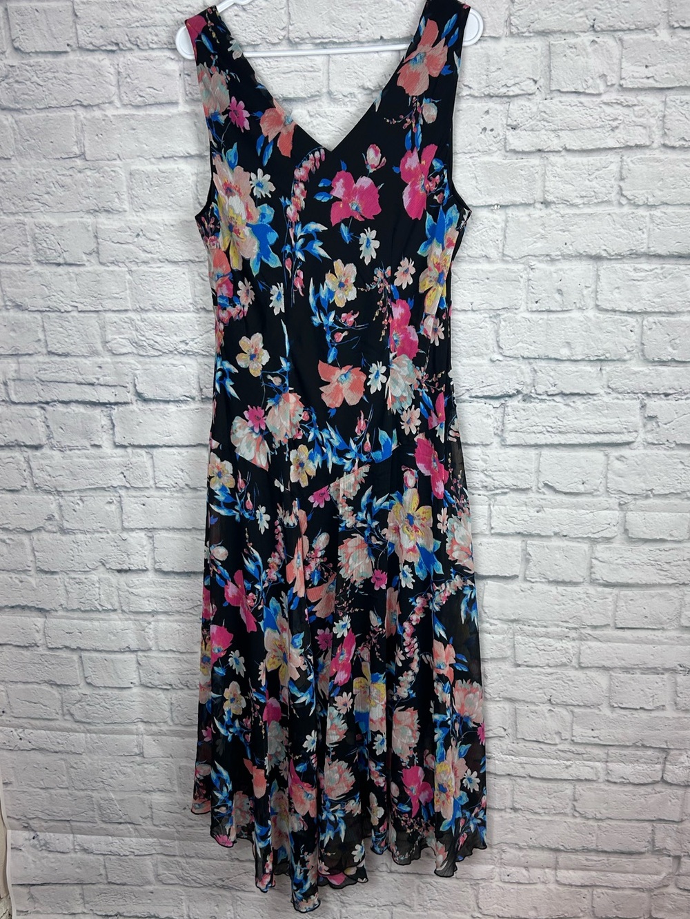 Connected Apparel Floral Asymmetrical Midi Dress Black Pink Blue Size 16 NWT - Picture 6 of 6